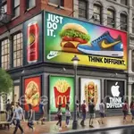 Thumbnail-sized image of a busy city street with bright billboards displaying catchy slogans like 'Just Do It' and 'Think Different,' enticing food advertisements, and sleek Apple products in the background, illustrating the impact of advertising. Character counter tool for writing short, efficient advertisements.