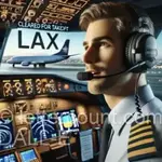 Pilot in cockpit using headset for communication, with 3-letter LAX airport code and 'cleared for takeoff' text visible on screen